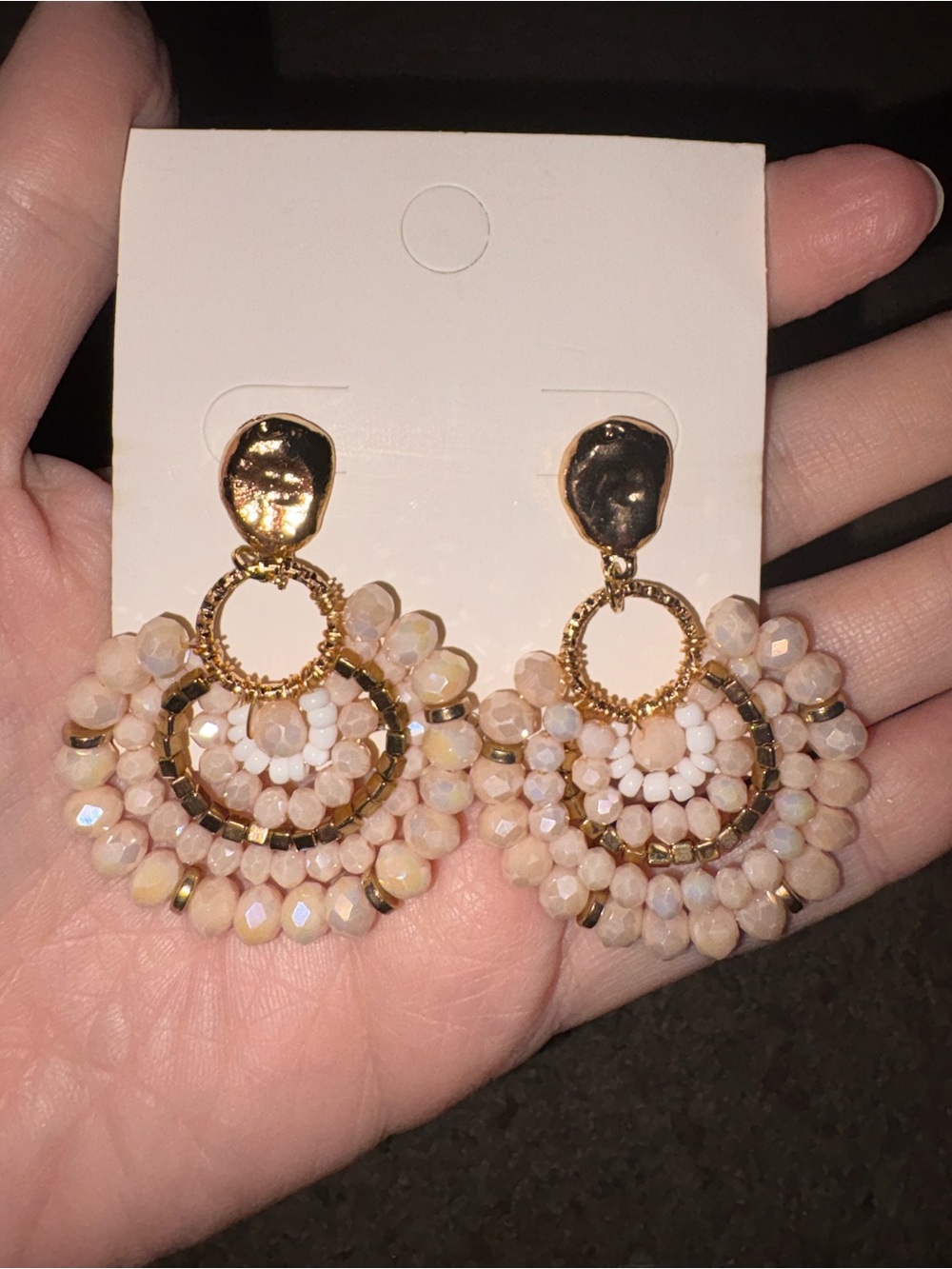 Gold and Peach Beaded Hoop Drop Earrings